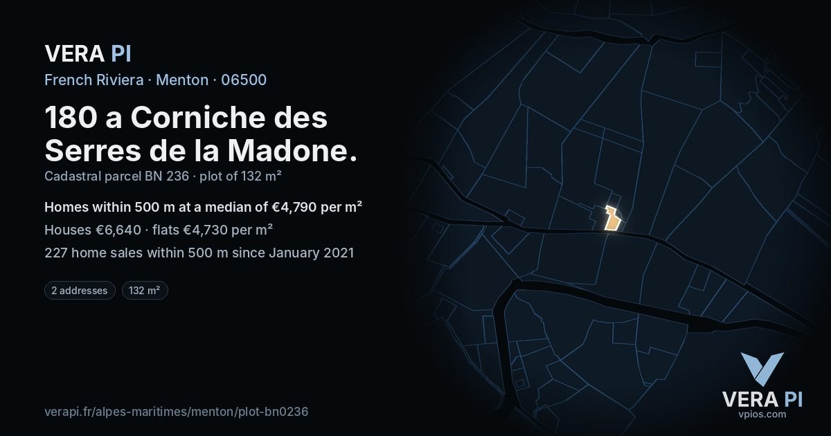 180 a Corniche des Serres de la Madone, Menton at night – the plot lit, the parcels around coloured by the prices near them