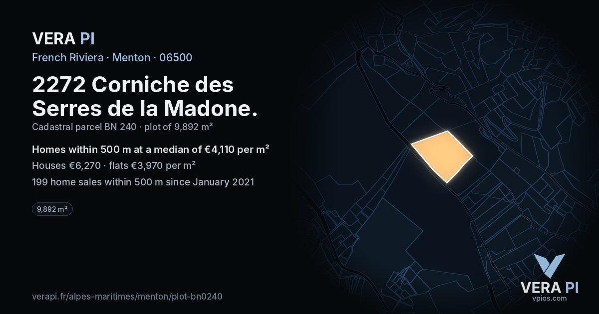 2272 Corniche des Serres de la Madone, Menton at night – the plot lit, the parcels around coloured by the prices near them