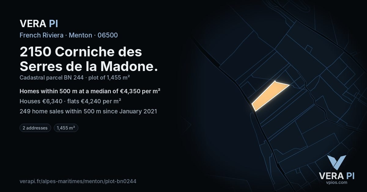 2150 Corniche des Serres de la Madone, Menton at night – the plot lit, the parcels around coloured by the prices near them