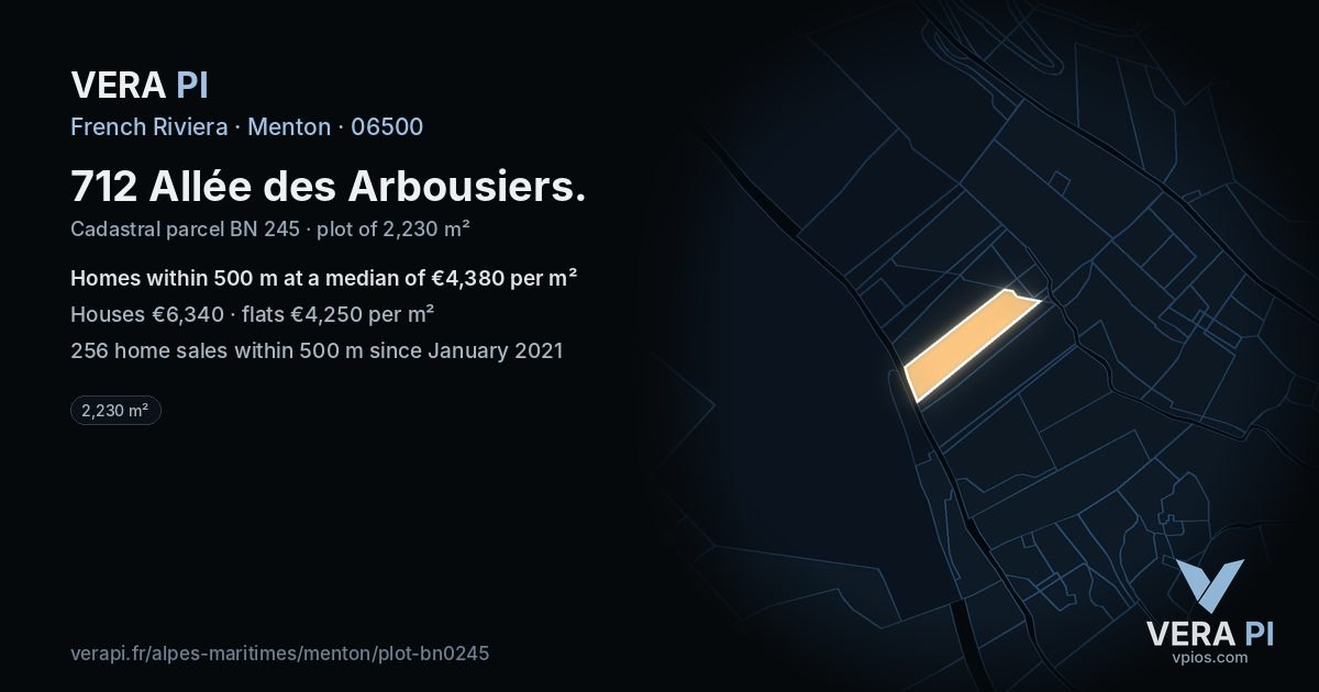 712 Allée des Arbousiers, Menton at night – the plot lit, the parcels around coloured by the prices near them