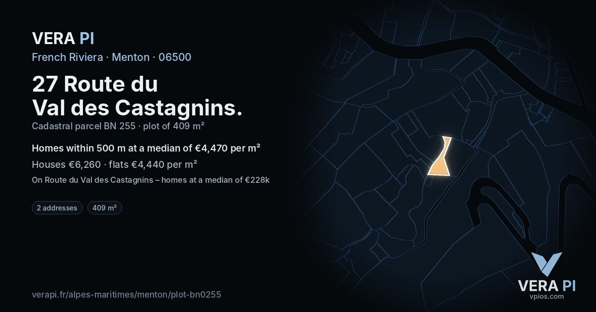 27 Route du Val des Castagnins, Menton at night – the plot lit, the parcels around coloured by the prices near them