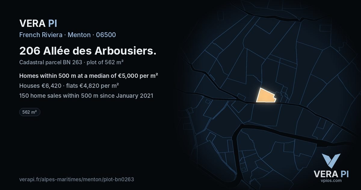 206 Allée des Arbousiers, Menton at night – the plot lit, the parcels around coloured by the prices near them