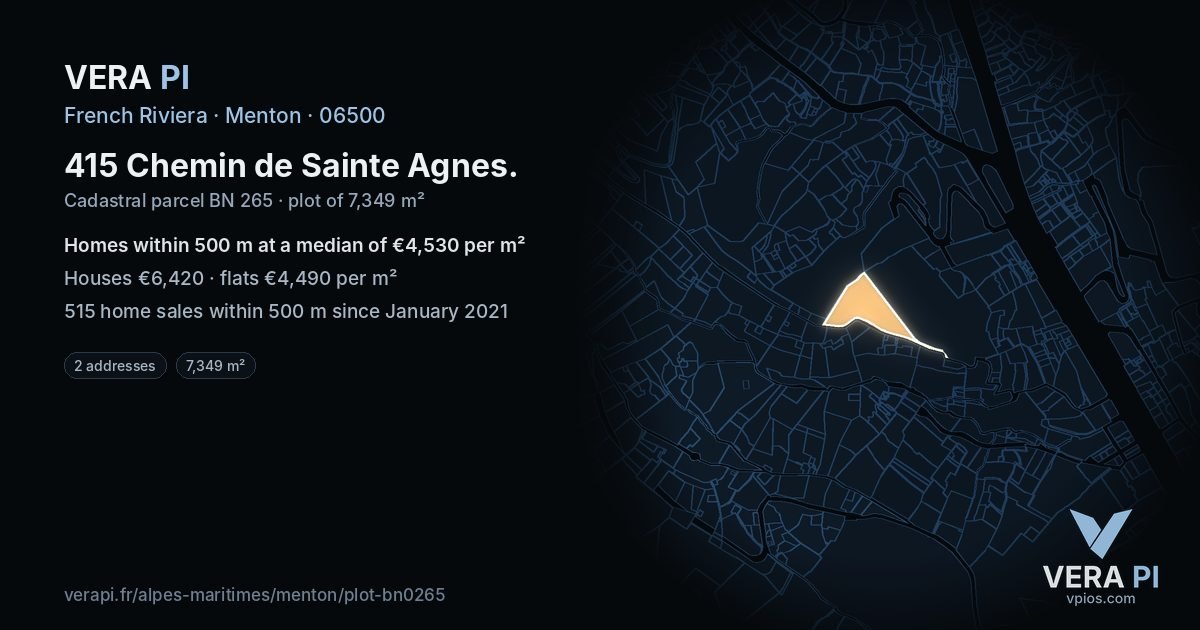 415 Chemin de Sainte Agnes, Menton at night – the plot lit, the parcels around coloured by the prices near them