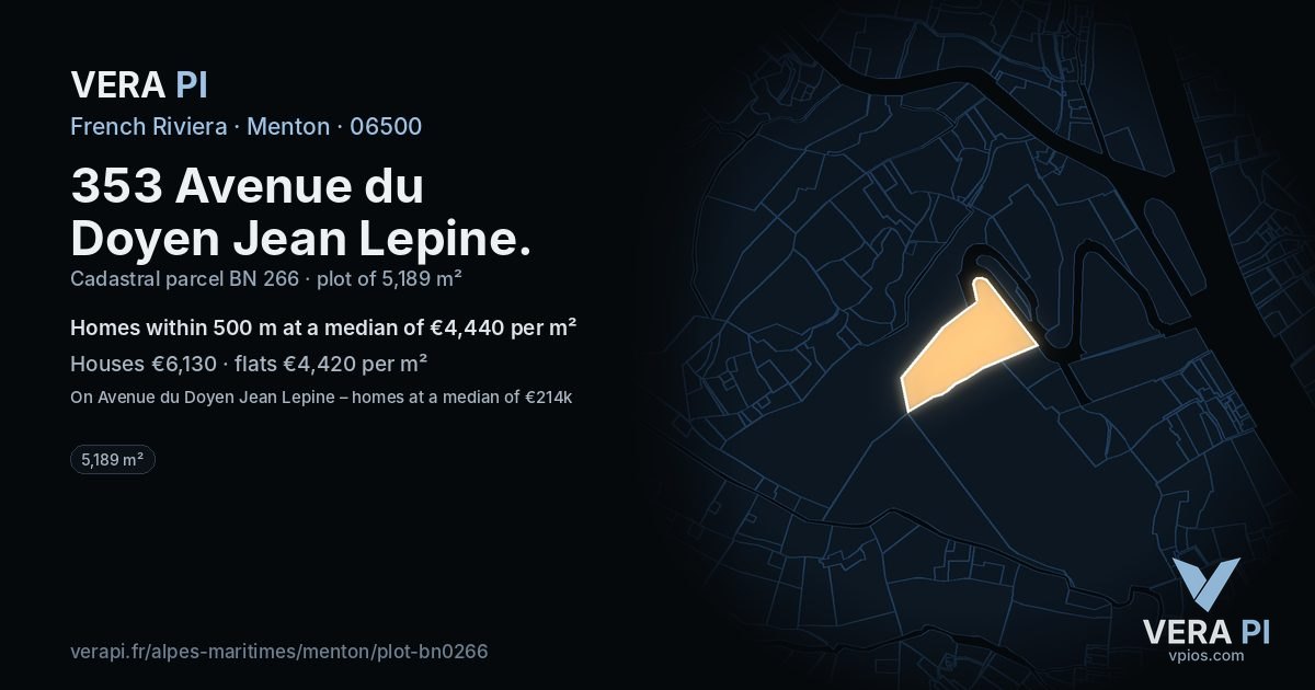 353 Avenue du Doyen Jean Lepine, Menton at night – the plot lit, the parcels around coloured by the prices near them