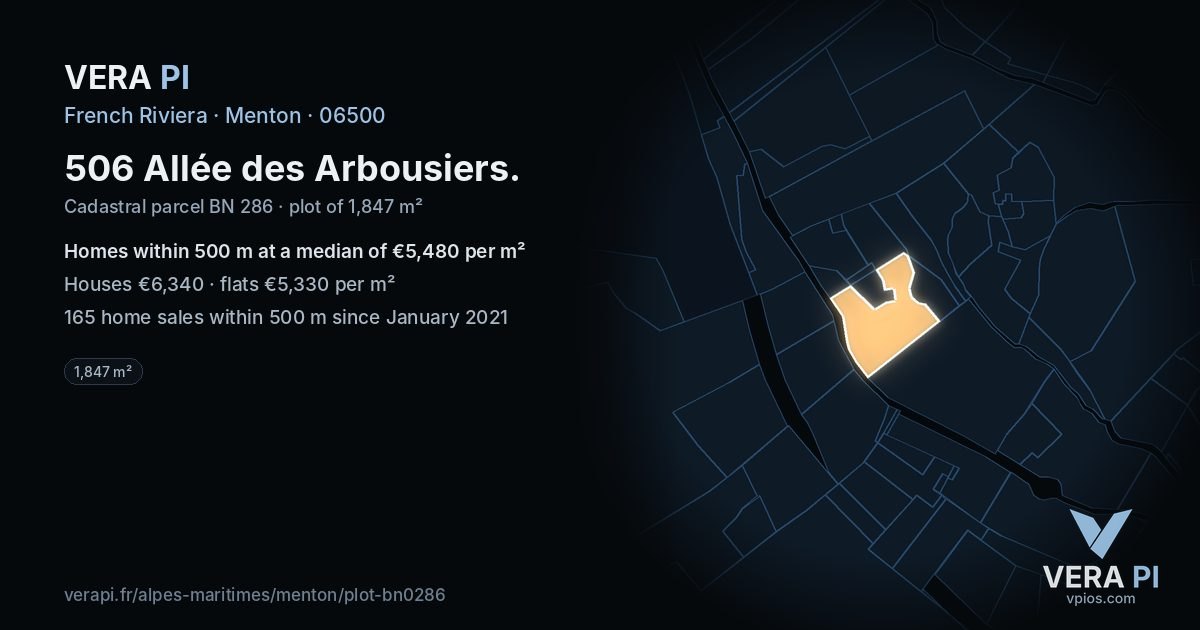 506 Allée des Arbousiers, Menton at night – the plot lit, the parcels around coloured by the prices near them