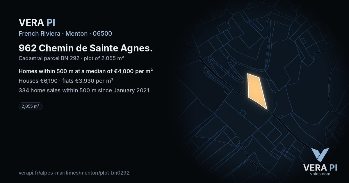 962 Chemin de Sainte Agnes, Menton at night – the plot lit, the parcels around coloured by the prices near them
