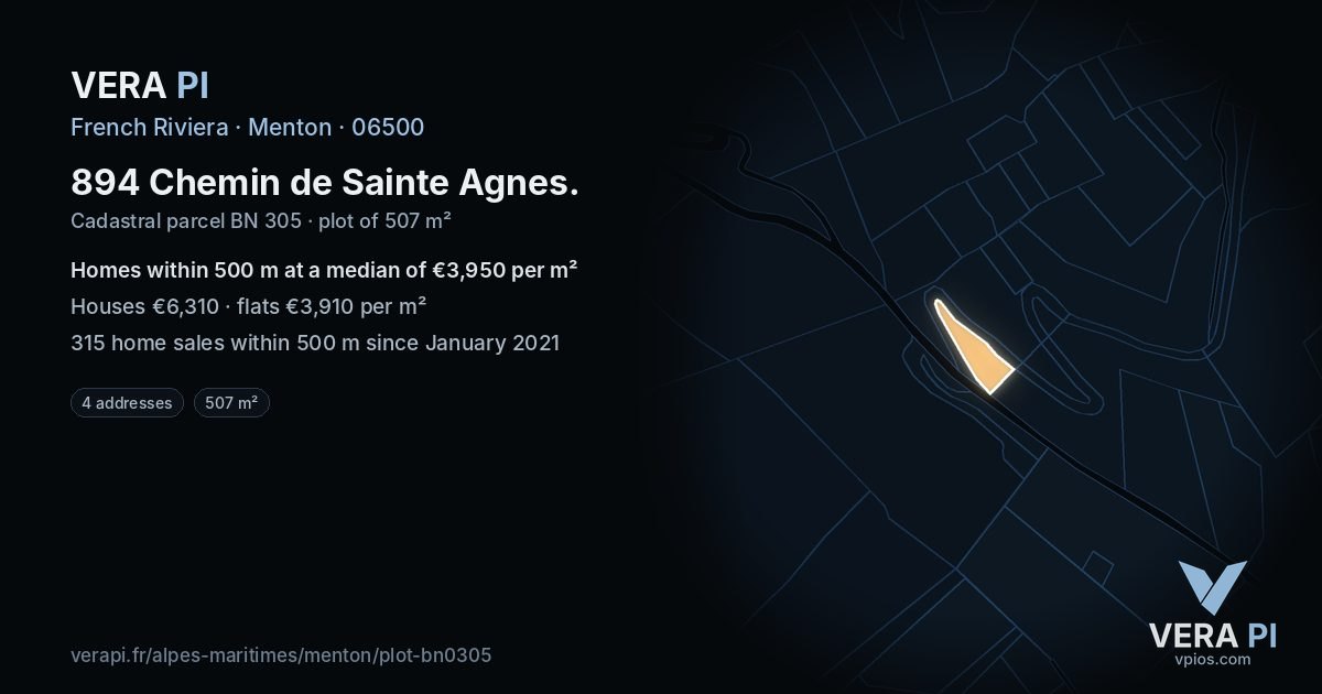 894 Chemin de Sainte Agnes, Menton at night – the plot lit, the parcels around coloured by the prices near them
