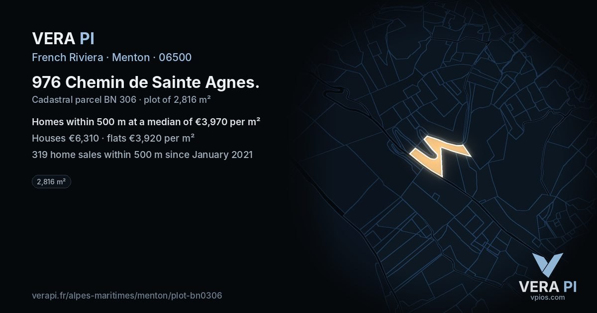 976 Chemin de Sainte Agnes, Menton at night – the plot lit, the parcels around coloured by the prices near them