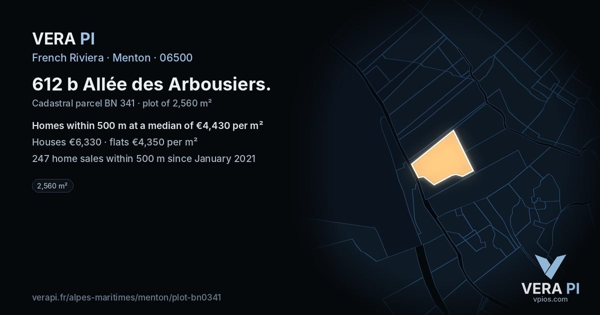 612 b Allée des Arbousiers, Menton at night – the plot lit, the parcels around coloured by the prices near them