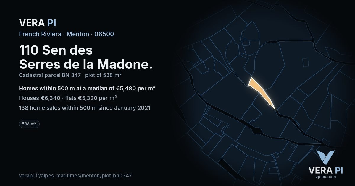 110 Sen des Serres de la Madone, Menton at night – the plot lit, the parcels around coloured by the prices near them