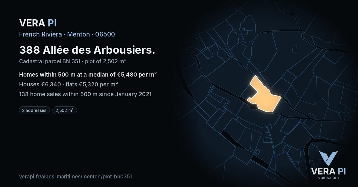 388 Allée des Arbousiers, Menton at night – the plot lit, the parcels around coloured by the prices near them