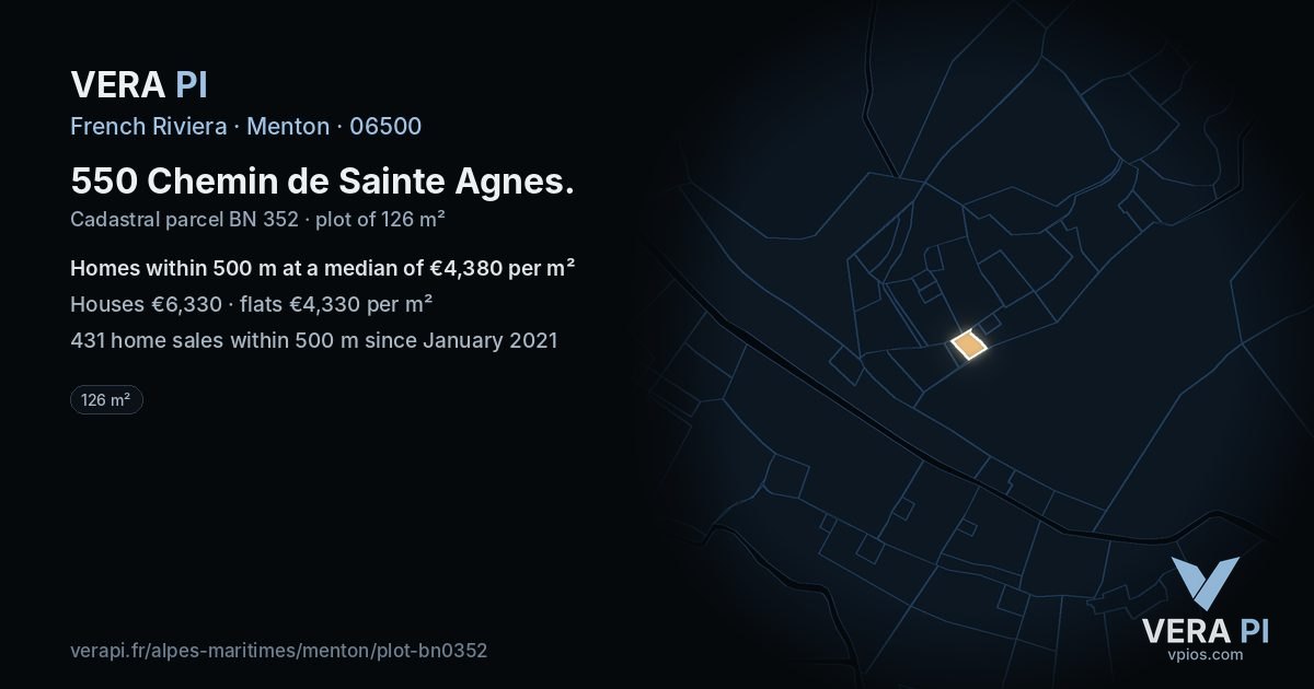 550 Chemin de Sainte Agnes, Menton at night – the plot lit, the parcels around coloured by the prices near them