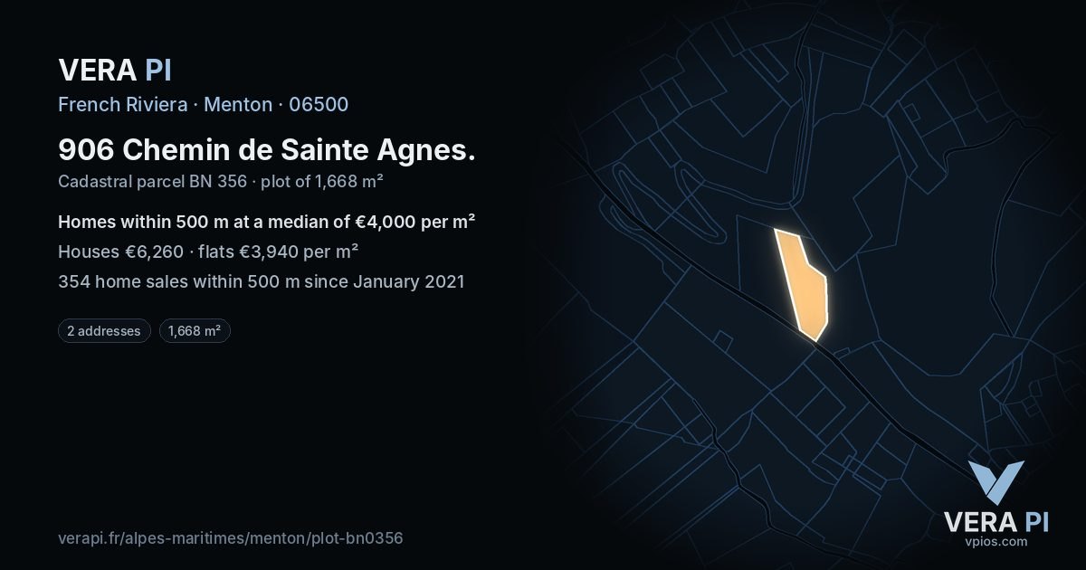 906 Chemin de Sainte Agnes, Menton at night – the plot lit, the parcels around coloured by the prices near them