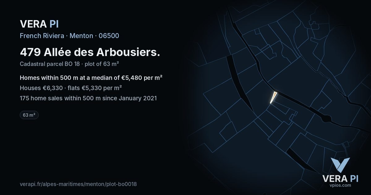 479 Allée des Arbousiers, Menton at night – the plot lit, the parcels around coloured by the prices near them