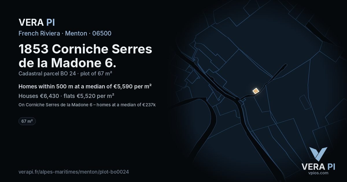 1853 Corniche Serres de la Madone 6, Menton at night – the plot lit, the parcels around coloured by the prices near them