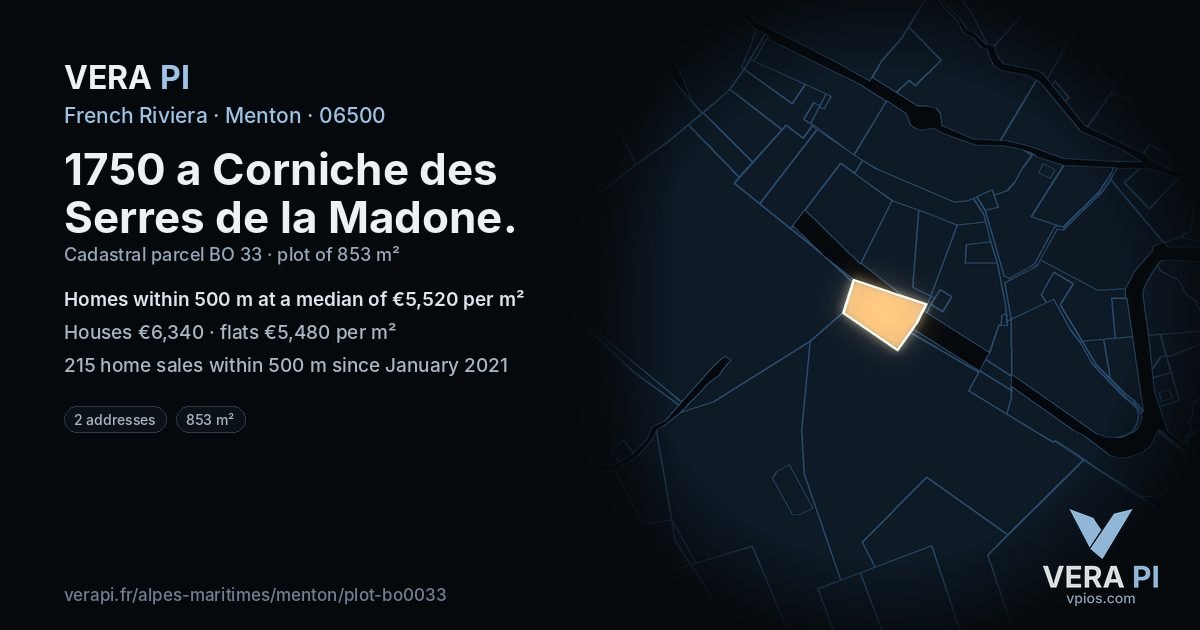 1750 a Corniche des Serres de la Madone, Menton at night – the plot lit, the parcels around coloured by the prices near them