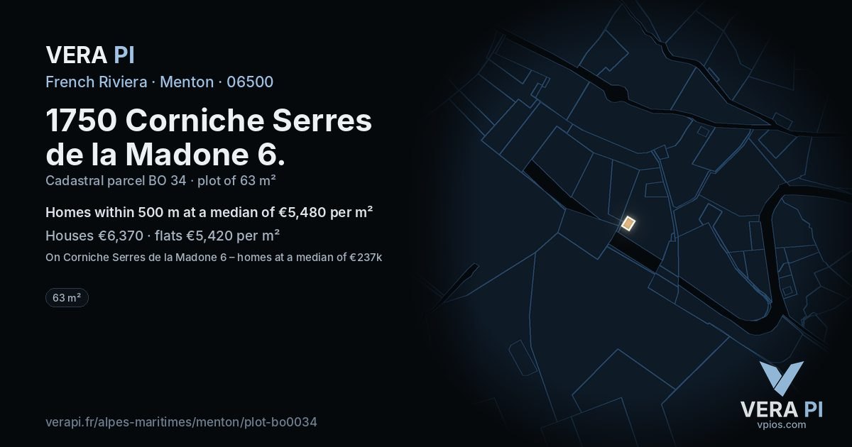 1750 Corniche Serres de la Madone 6, Menton at night – the plot lit, the parcels around coloured by the prices near them