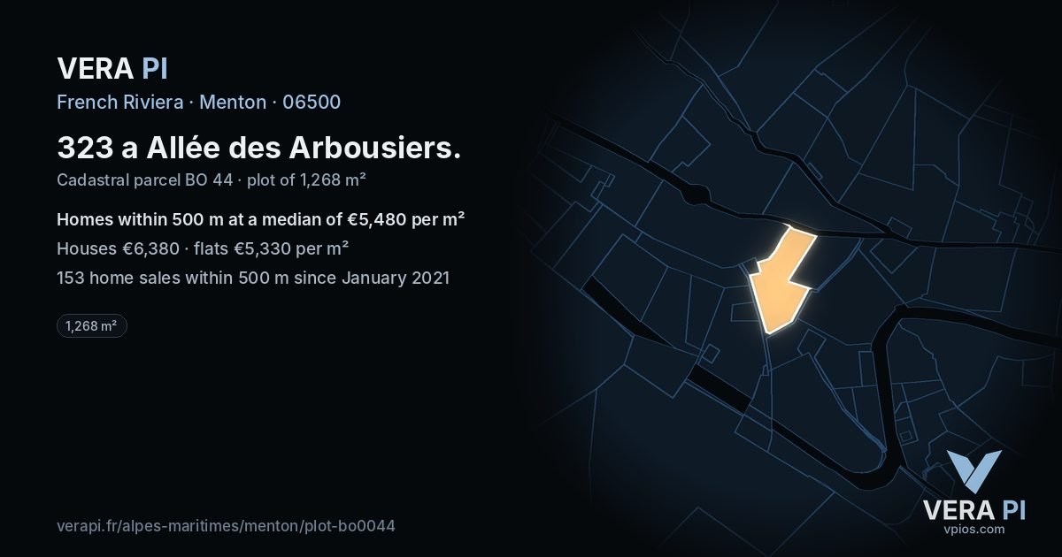 323 a Allée des Arbousiers, Menton at night – the plot lit, the parcels around coloured by the prices near them