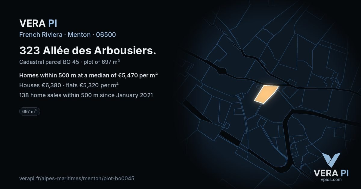323 Allée des Arbousiers, Menton at night – the plot lit, the parcels around coloured by the prices near them