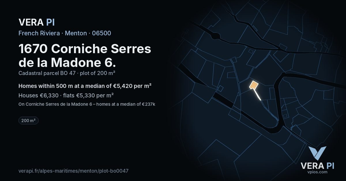 1670 Corniche Serres de la Madone 6, Menton at night – the plot lit, the parcels around coloured by the prices near them