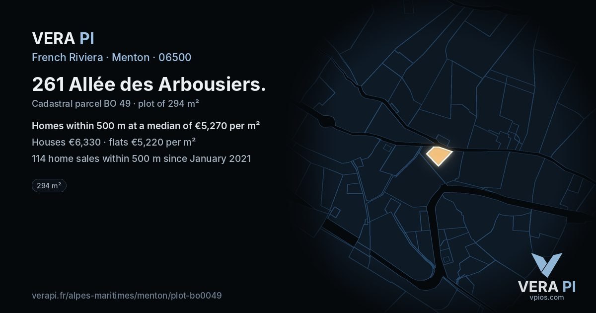 261 Allée des Arbousiers, Menton at night – the plot lit, the parcels around coloured by the prices near them