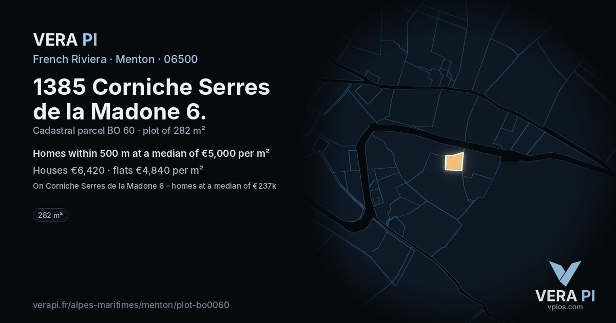 1385 Corniche Serres de la Madone 6, Menton at night – the plot lit, the parcels around coloured by the prices near them