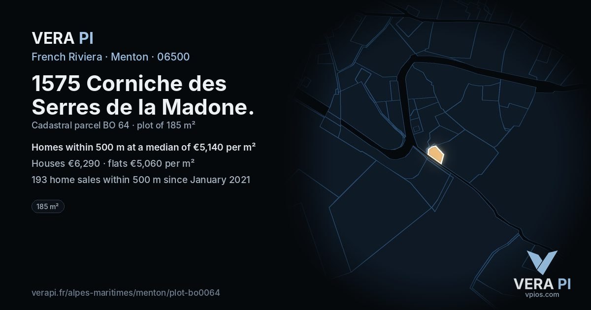 1575 Corniche des Serres de la Madone, Menton at night – the plot lit, the parcels around coloured by the prices near them