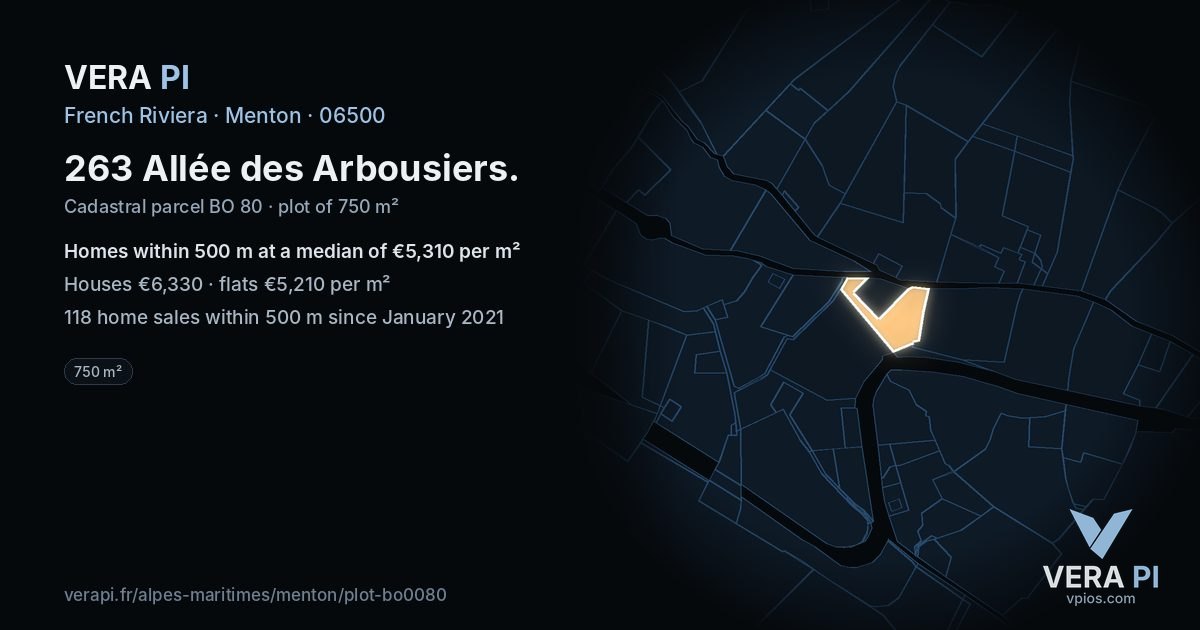 263 Allée des Arbousiers, Menton at night – the plot lit, the parcels around coloured by the prices near them