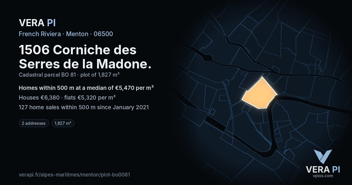 1506 Corniche des Serres de la Madone, Menton at night – the plot lit, the parcels around coloured by the prices near them