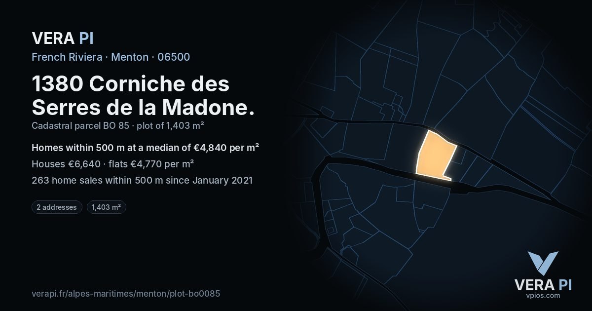 1380 Corniche des Serres de la Madone, Menton at night – the plot lit, the parcels around coloured by the prices near them