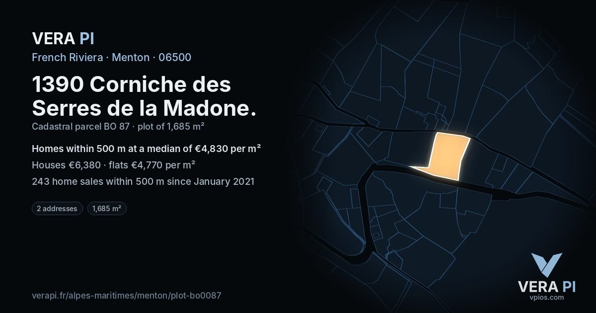 1390 Corniche des Serres de la Madone, Menton at night – the plot lit, the parcels around coloured by the prices near them