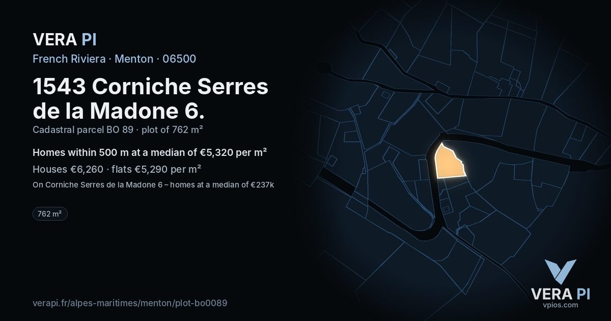 1543 Corniche Serres de la Madone 6, Menton at night – the plot lit, the parcels around coloured by the prices near them