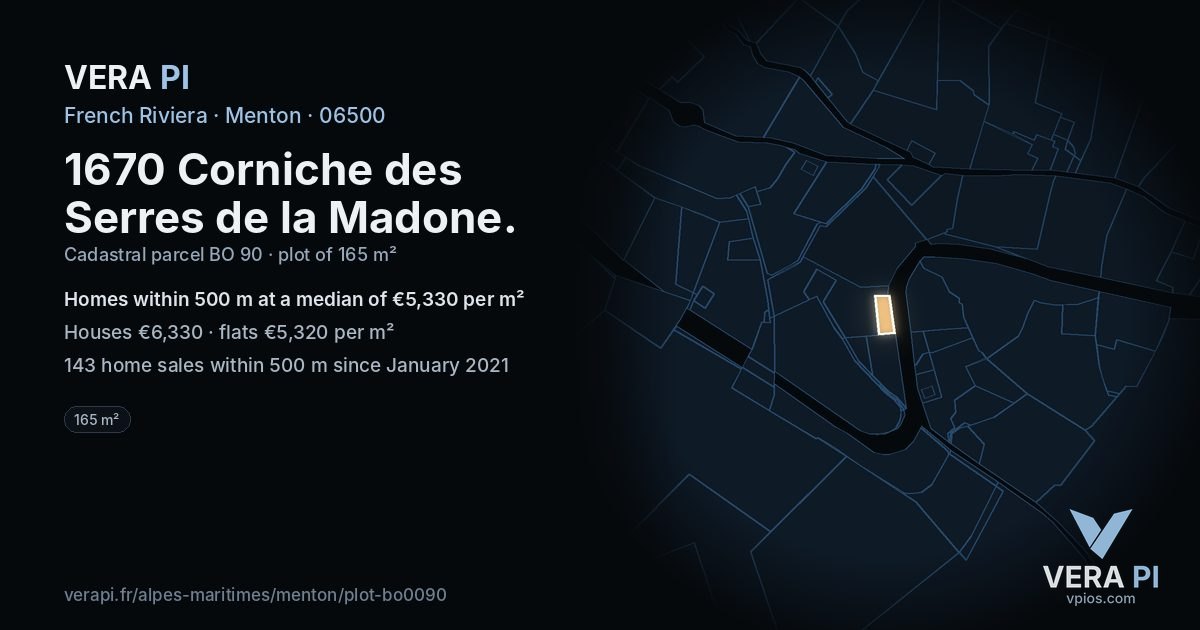 1670 Corniche des Serres de la Madone, Menton at night – the plot lit, the parcels around coloured by the prices near them