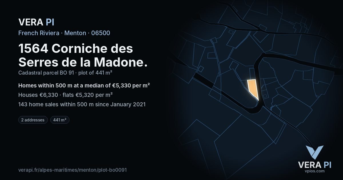 1564 Corniche des Serres de la Madone, Menton at night – the plot lit, the parcels around coloured by the prices near them