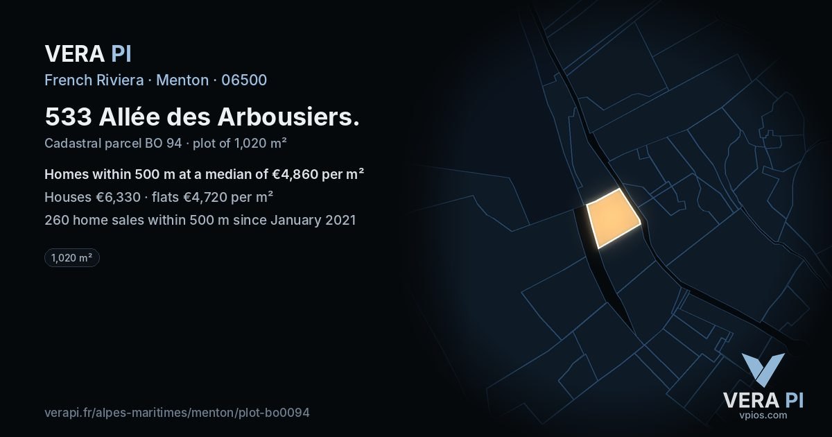 533 Allée des Arbousiers, Menton at night – the plot lit, the parcels around coloured by the prices near them
