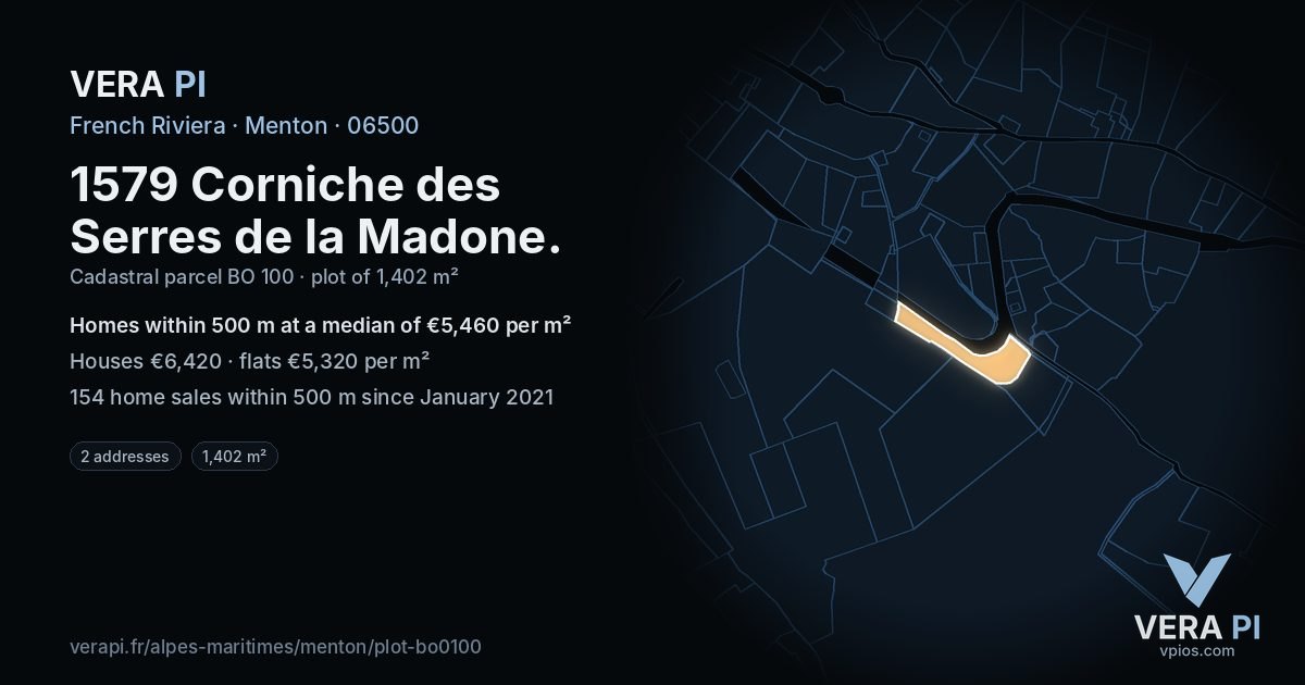 1579 Corniche des Serres de la Madone, Menton at night – the plot lit, the parcels around coloured by the prices near them