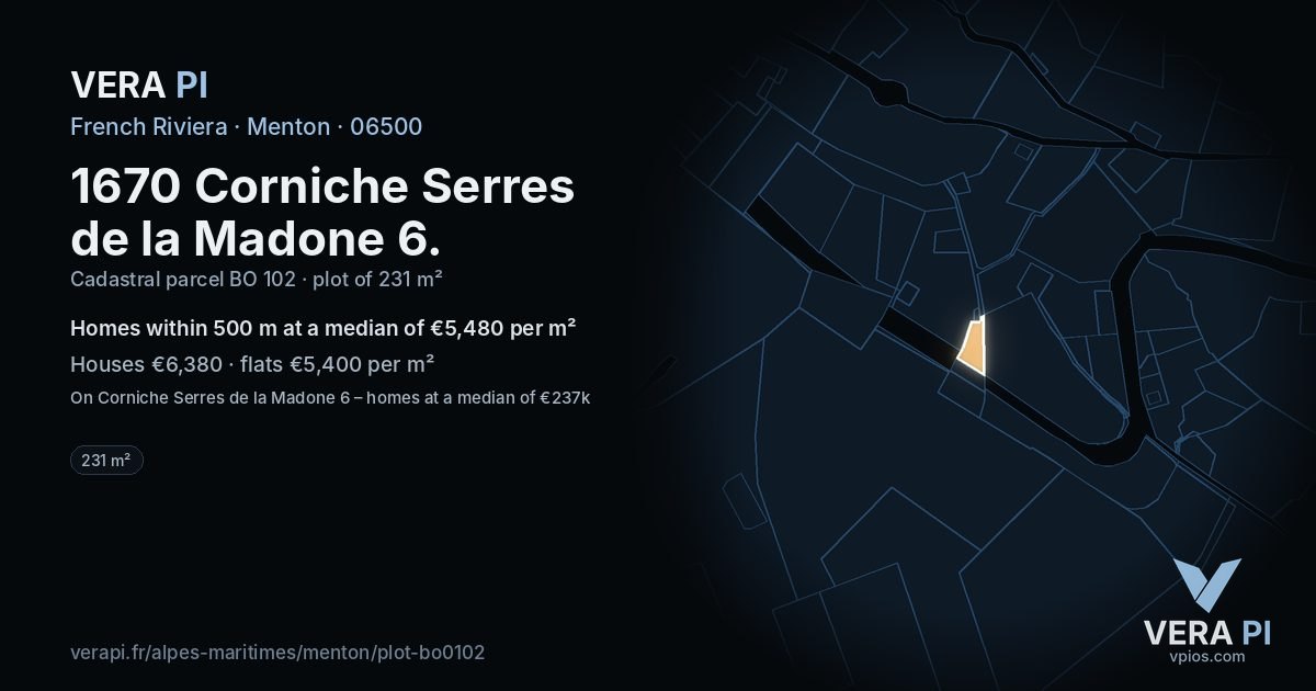 1670 Corniche Serres de la Madone 6, Menton at night – the plot lit, the parcels around coloured by the prices near them