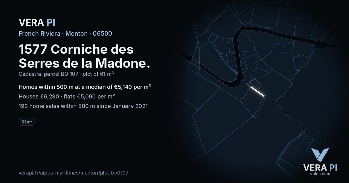 1577 Corniche des Serres de la Madone, Menton at night – the plot lit, the parcels around coloured by the prices near them