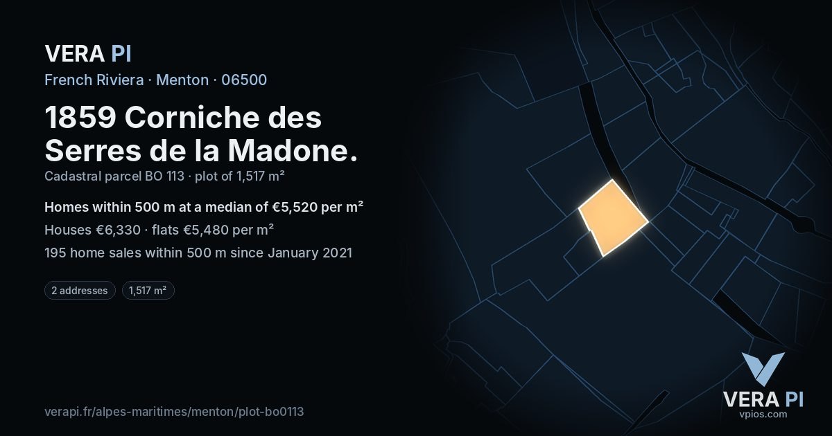1859 Corniche des Serres de la Madone, Menton at night – the plot lit, the parcels around coloured by the prices near them