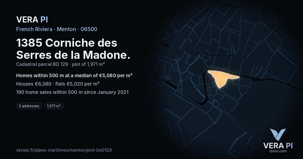 1385 Corniche des Serres de la Madone, Menton at night – the plot lit, the parcels around coloured by the prices near them