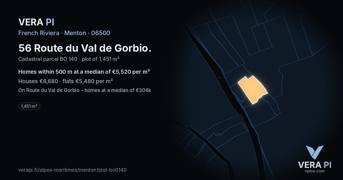 56 Route du Val de Gorbio, Menton at night – the plot lit, the parcels around coloured by the prices near them