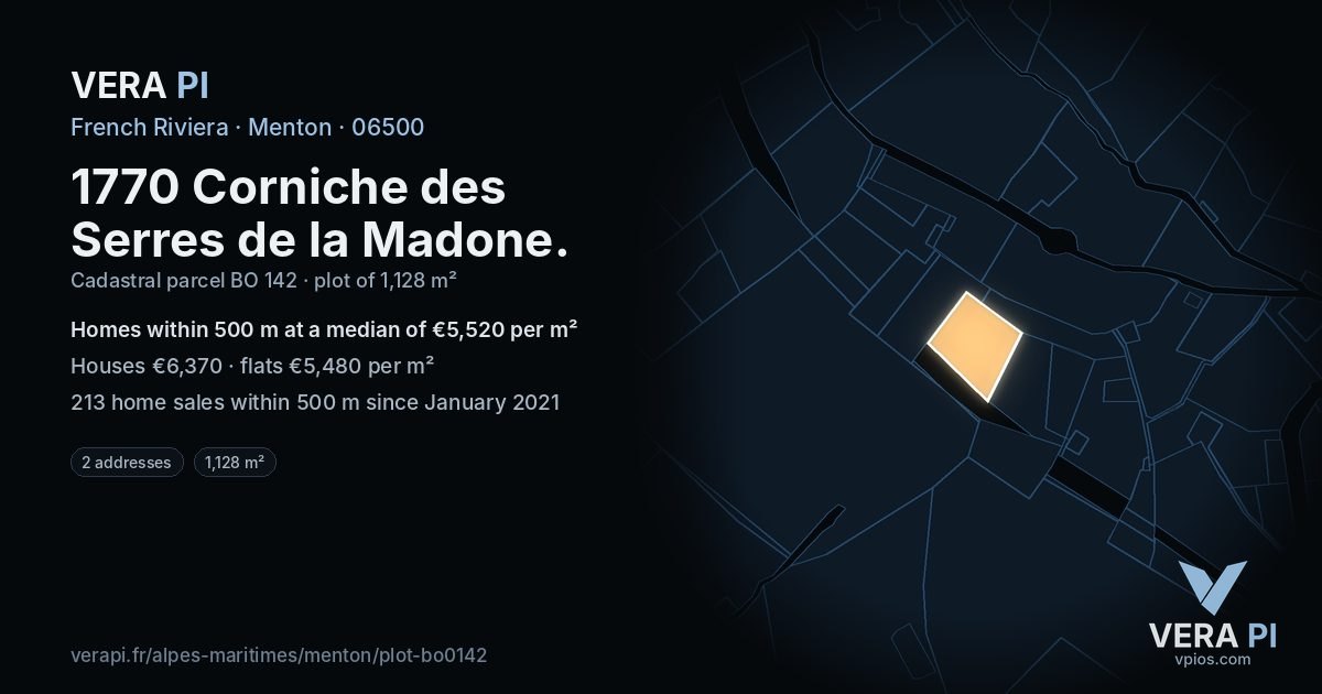 1770 Corniche des Serres de la Madone, Menton at night – the plot lit, the parcels around coloured by the prices near them
