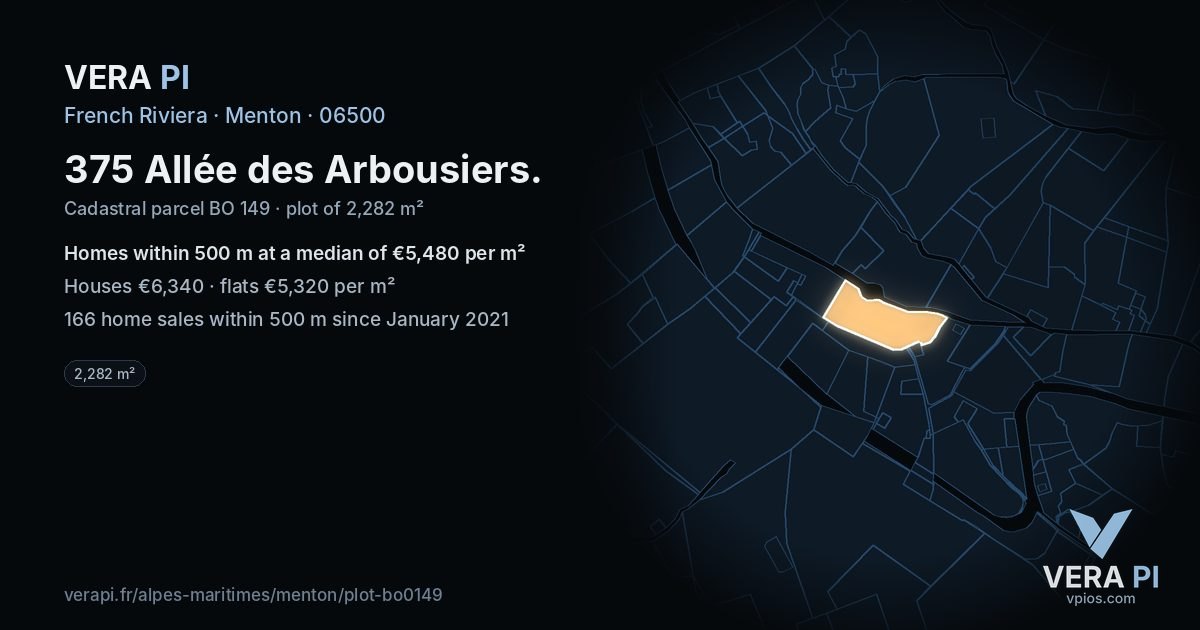 375 Allée des Arbousiers, Menton at night – the plot lit, the parcels around coloured by the prices near them