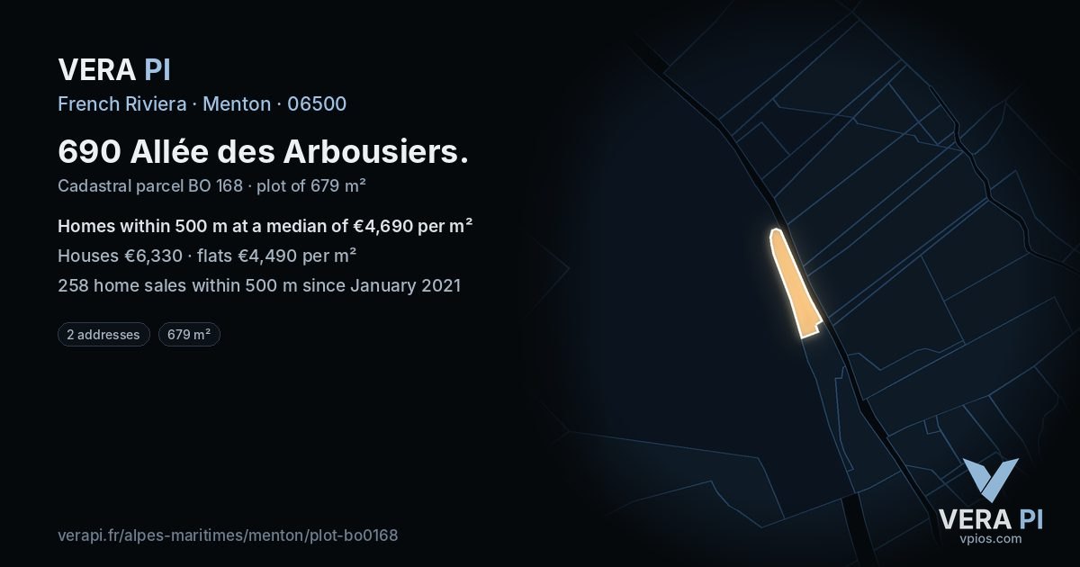 690 Allée des Arbousiers, Menton at night – the plot lit, the parcels around coloured by the prices near them