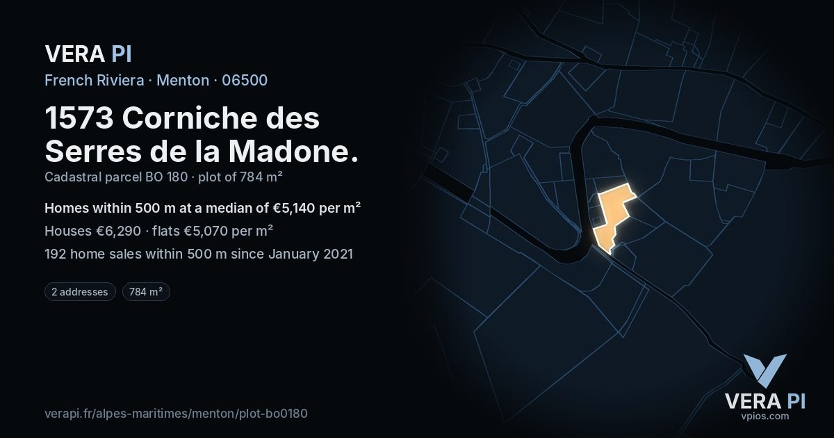 1573 Corniche des Serres de la Madone, Menton at night – the plot lit, the parcels around coloured by the prices near them