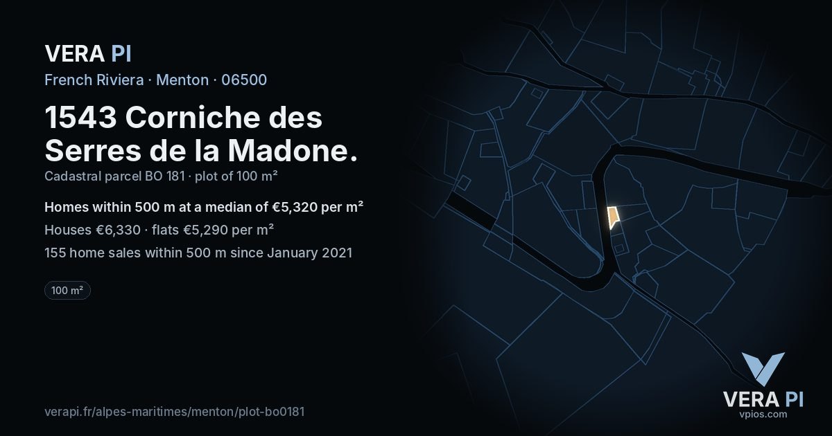 1543 Corniche des Serres de la Madone, Menton at night – the plot lit, the parcels around coloured by the prices near them