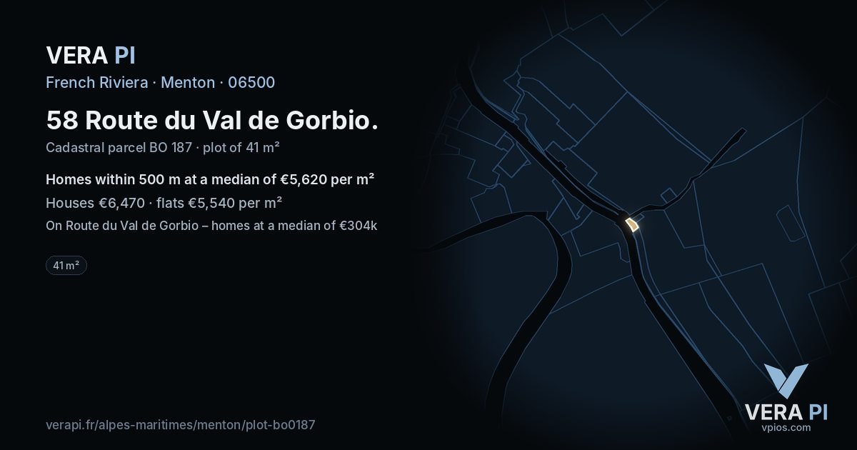 58 Route du Val de Gorbio, Menton at night – the plot lit, the parcels around coloured by the prices near them