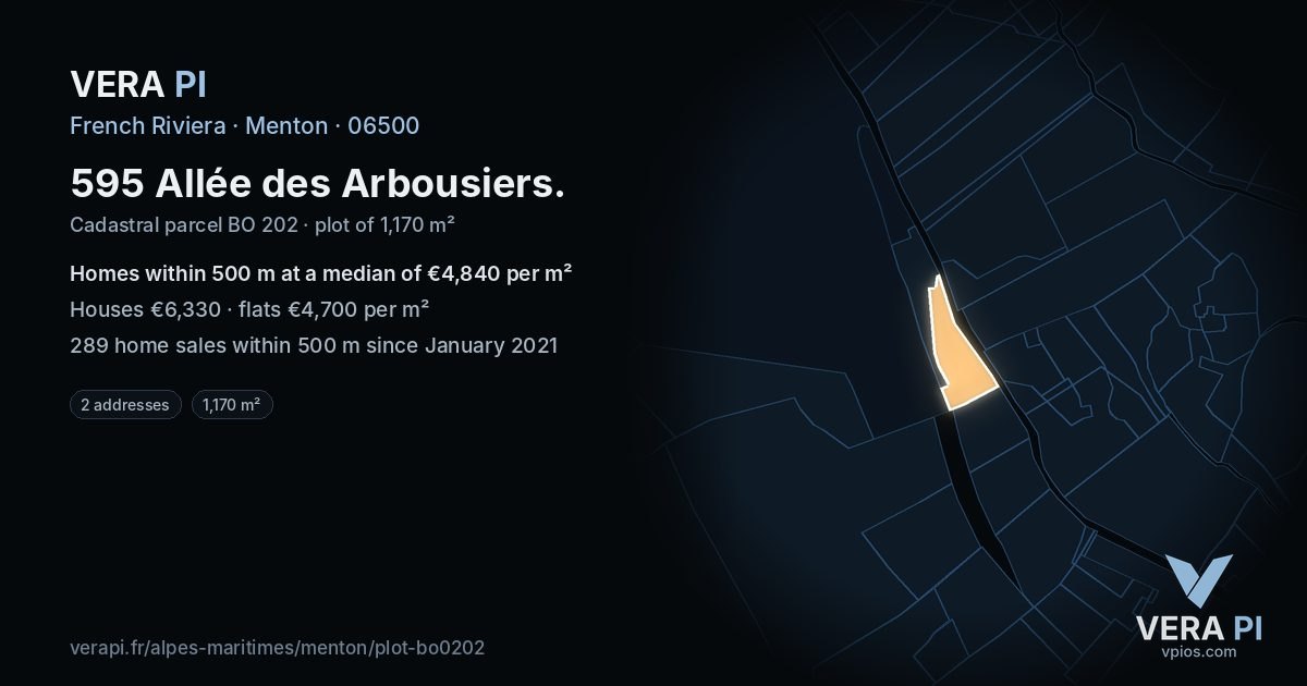 595 Allée des Arbousiers, Menton at night – the plot lit, the parcels around coloured by the prices near them