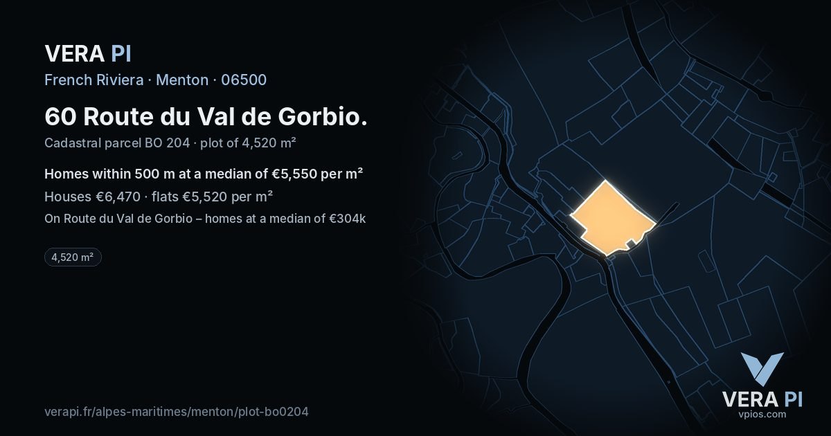60 Route du Val de Gorbio, Menton at night – the plot lit, the parcels around coloured by the prices near them