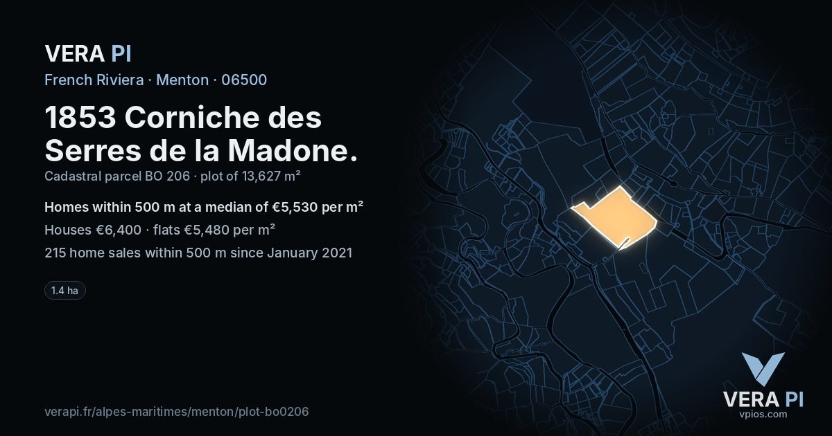 1853 Corniche des Serres de la Madone, Menton at night – the plot lit, the parcels around coloured by the prices near them